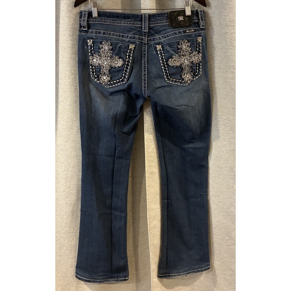 Miss Me Jeans Women's 31 Mid Rise Boot Cut Western Stretch Denim Blue Cross‎